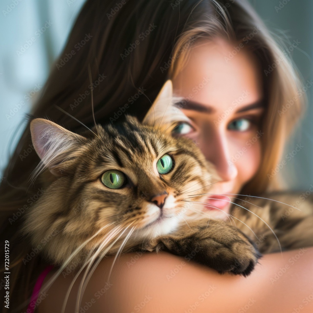 Young woman with green eyes hugging a big fluffy cat with green eyes