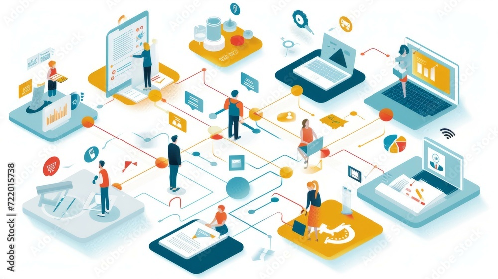 Isometric illustration of people using digital devices and interacting with each other through a network of connections Isometric illustration of people using digital devices and interacting with each other through a network of connections