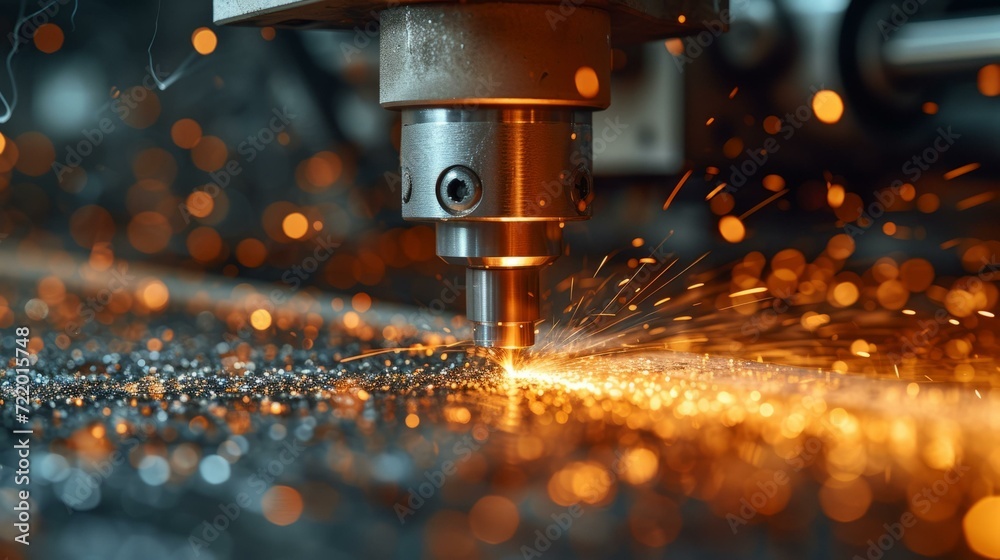 Industrial machinery processes metal with sparks flying - obrazy, fototapety, plakaty 