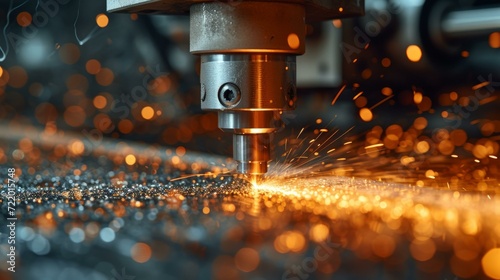 Industrial machinery processes metal with sparks flying photo