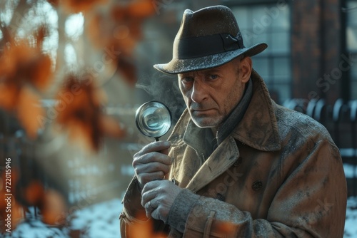A man wearing a brown coat and a brown hat is holding a magnifying glass.