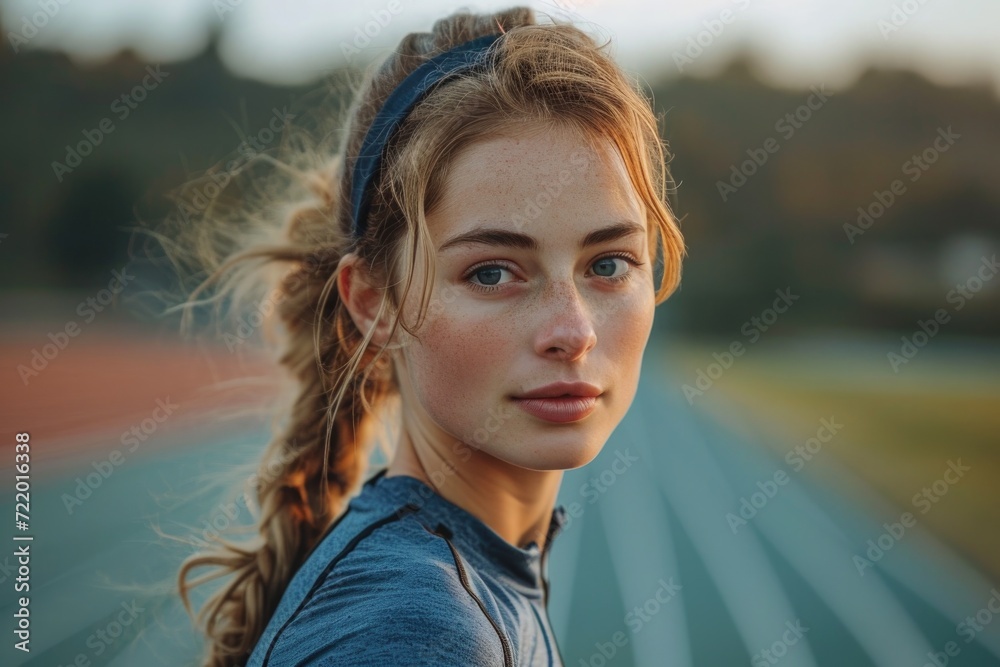 An athlete, in good shape, in sportswear, delicate shades of blue and gray. Outdoor jogging path or trail, nature, dusk, clear weather An athlete, in good shape, in sportswear, delicate shades of blue and gray. Outdoor jogging path or trail, nature, dusk, clear weather