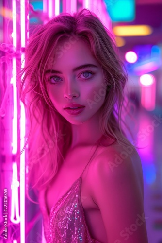 Portrait of a young woman with pink hair and blue eyes standing in front of a pink neon background © Adobe Contributor