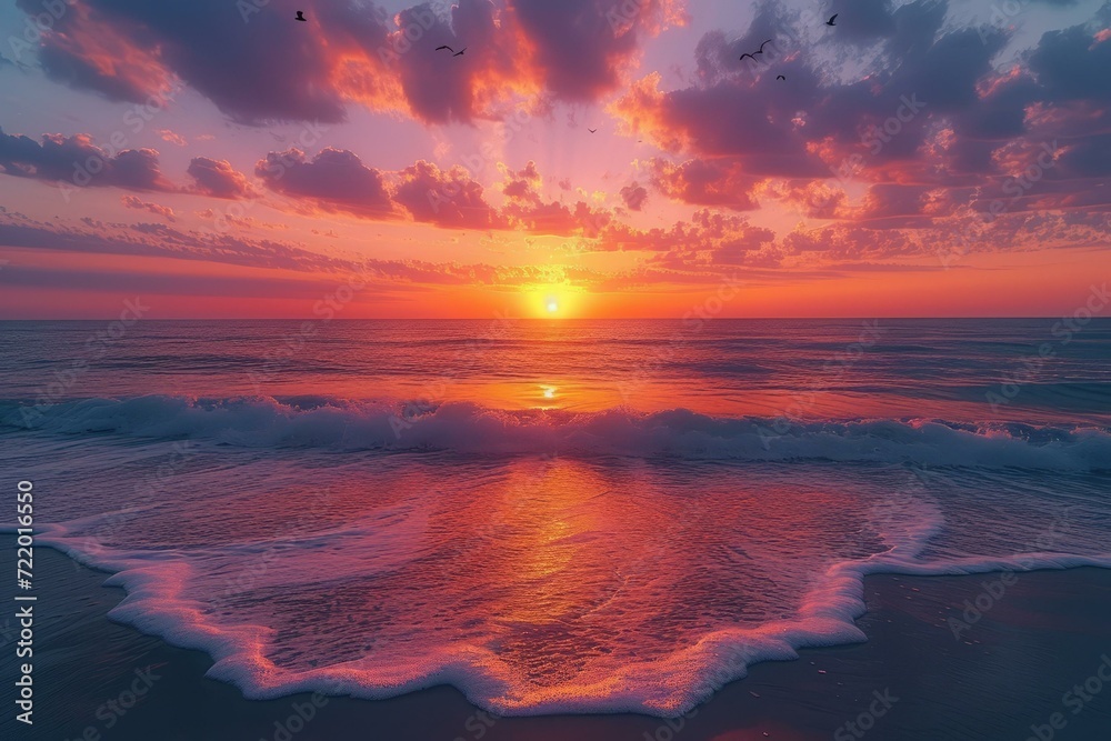 Beach sunset with pink sky and purple water