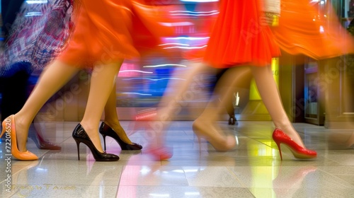 Motion blur of women in red dresses walking in a shopping mall
