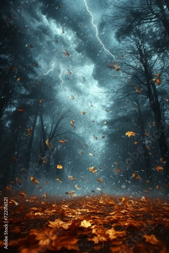 Mystical Autumn Forest During a Thunderstorm