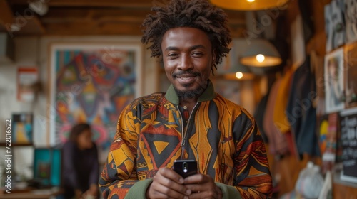 Portrait of a young African-American man smiling and holding a smartphone