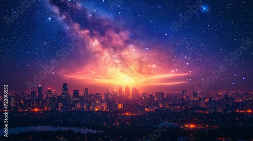 Amazing night view of a city with a starry sky