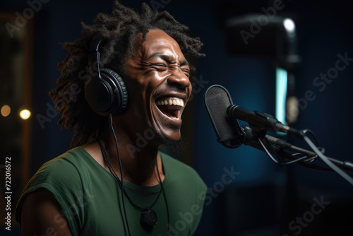 A man wearing headphones sings passionately into a microphone, capturing a moment of musical expression.