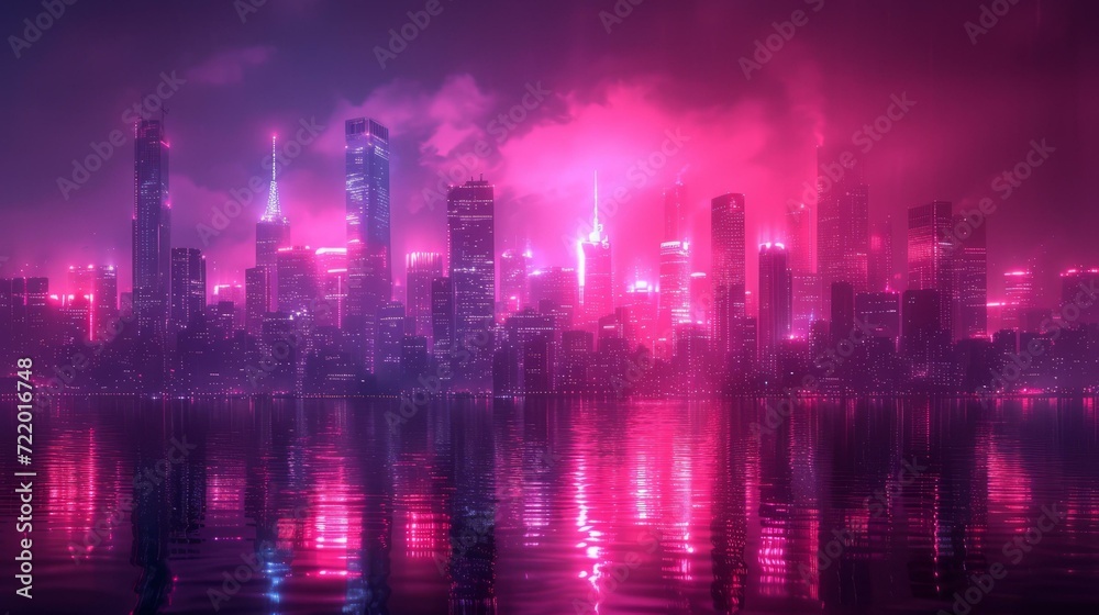 A beautiful cityscape of a modern city with skyscrapers and a river in the foreground reflecting the city lights.