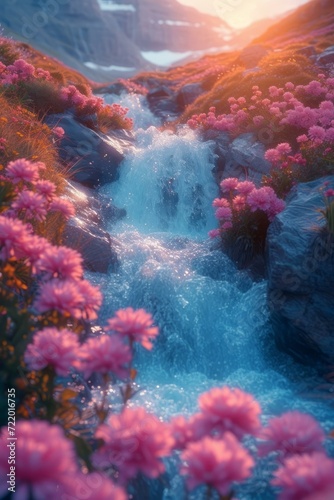 Small waterfall flowing through rocks and pink flowers