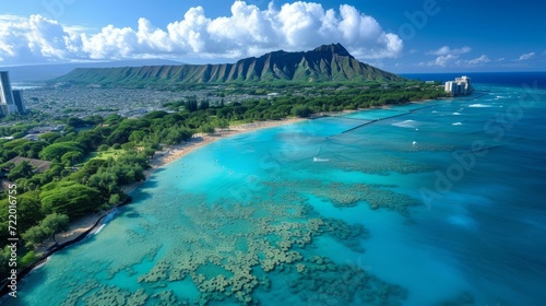 Aerial view of Honolulu  Hawaii showing the beautiful coastline and Diamond Head