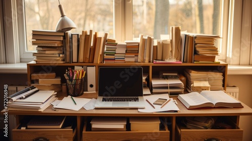 A desk full of books and papers with a laptop on top of it. photo