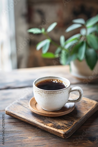 A cup of aromatic black coffee on a wooden table in a restaurant