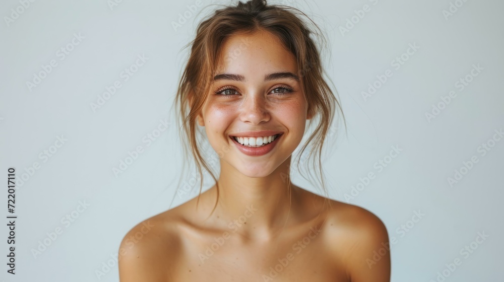 Obraz premium Close up portrait of a beautiful young woman with flawless skin smiling at the camera
