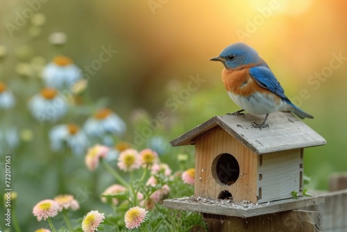 robin in a nest, bird house on a branch