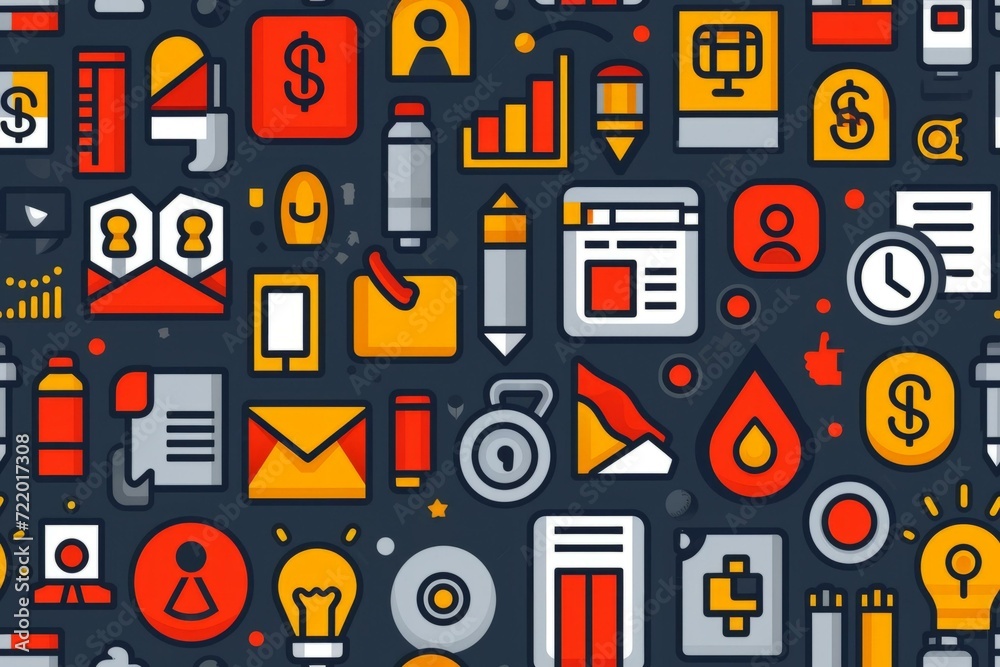 A seamless pattern of various business and office related vector icons. A seamless pattern of various business and office related vector icons.