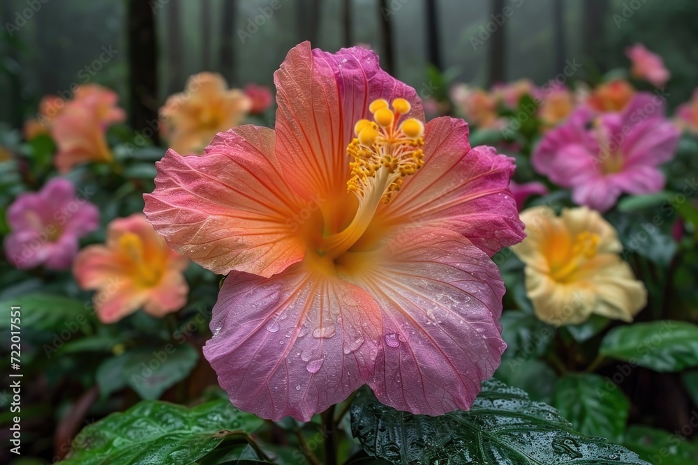 Colorful hibiscus blooms emerge in a vibrant tropical garden during a misty morning Colorful hibiscus blooms emerge in a vibrant tropical garden during a misty morning