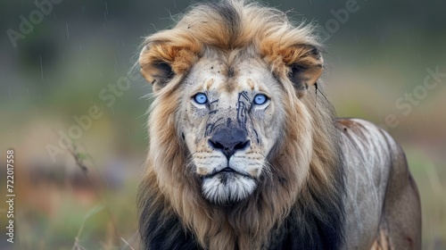 Blue-eyed lion staring into the camera