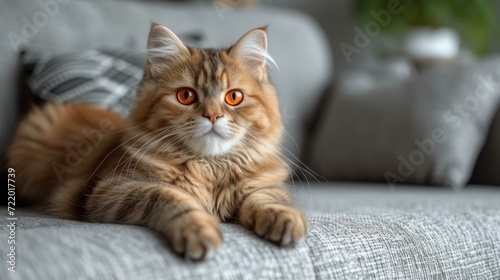A ginger cat is lying on a gray sofa looking at the camera © Adobe Contributor