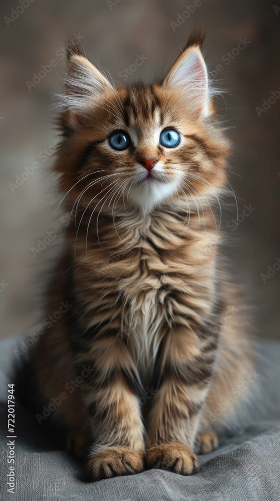 A cute kitten with blue eyes is sitting on a gray cloth
