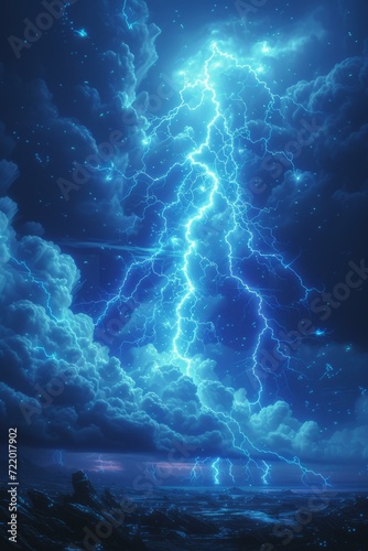Blue lightning strikes over dark stormy sea