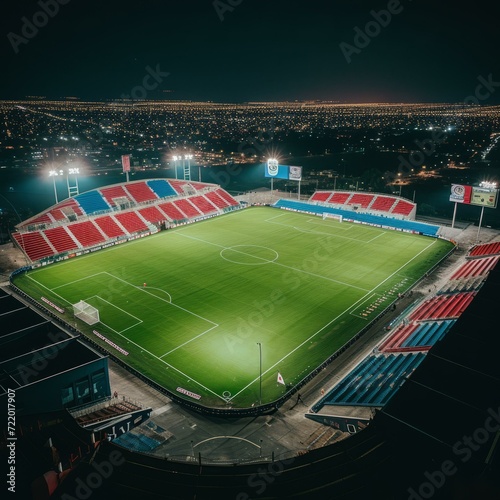 Aerial view of empty soccer stadium at night