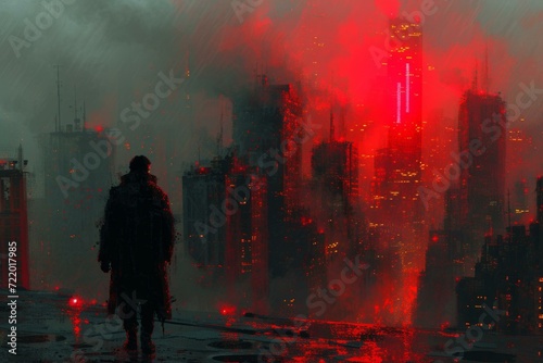A lone figure stands on a rooftop overlooking a dystopian cityscape. The city is bathed in red light, and the figure is silhouetted against the skyline.