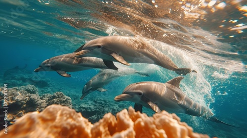 Four dolphins swim together in a coral reef © Adobe Contributor