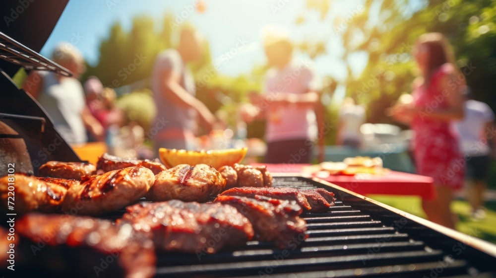 Naklejka premium Grill Up Close with Family and Friends in the Garden. Generative AI