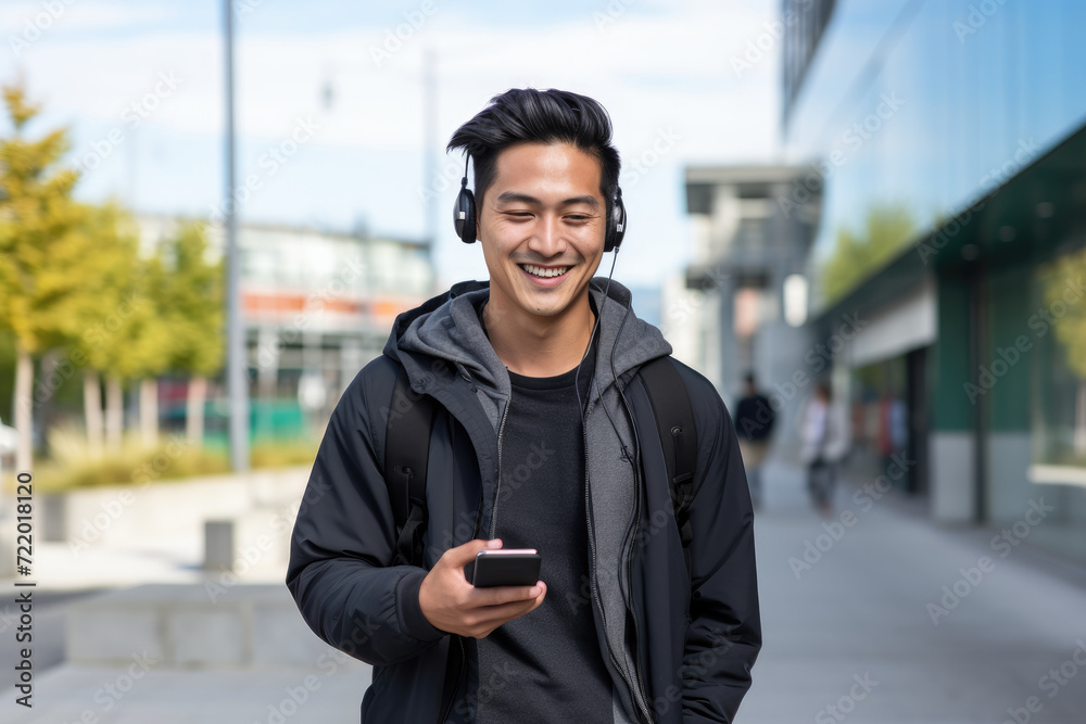 A young man wearing headphones is engrossed in his cell phone while listening to music. A young man wearing headphones is engrossed in his cell phone while listening to music.