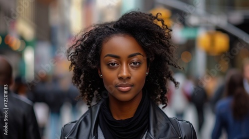 Casual young black woman walking down a pedestrian street in New York. Generative AI © Nanci