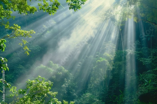 Sun rays shining through the jungle canopy © Molostock