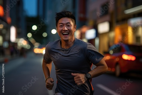 A man is seen running down a busy city street at night, surrounded by tall buildings and bright city lights.