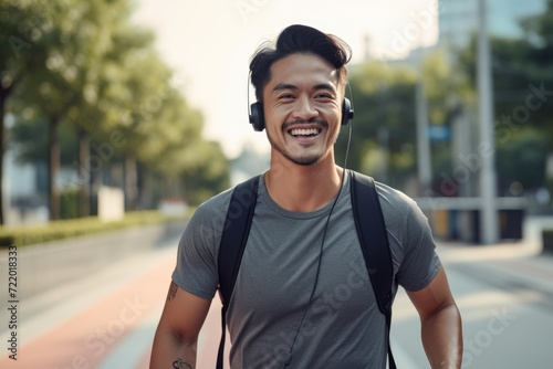 A man wearing headphones walks down a busy street lined with shops and pedestrians.