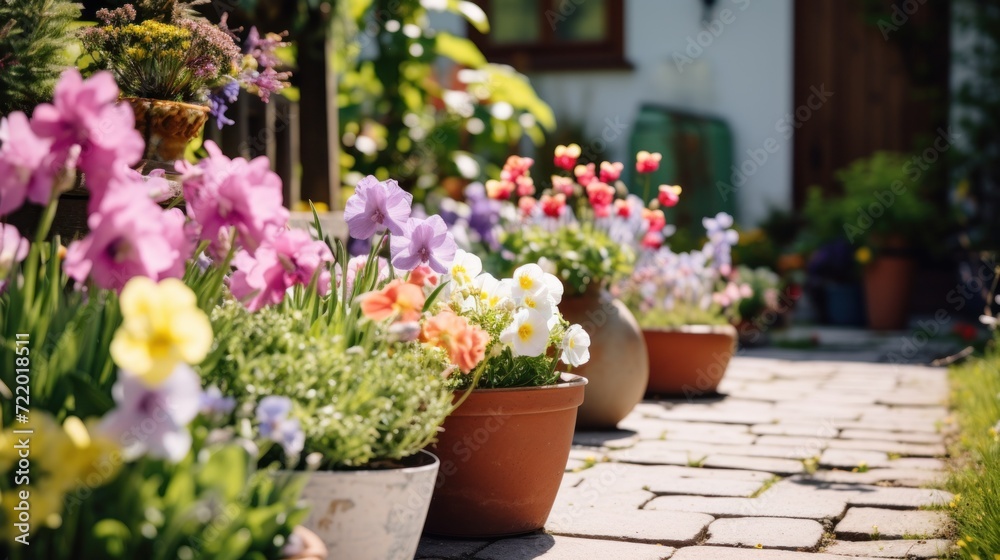 Obraz premium Spring Background. Entrance To A Garden Of A House, With A Path With Pots Of Various Flowers. Gardening Background With Flower Pots In A Sunny Spring Or Summer Garden. Generative AI