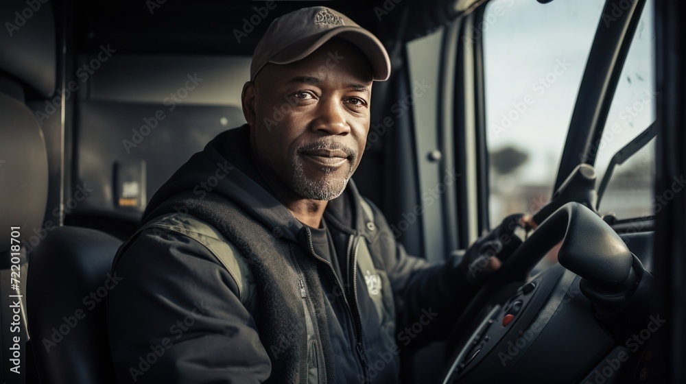Middle Aged Black Man Truck Driver Inside the Black Truck. Fundamental Transportation and Service Concept for Industrialized Societies. Generative AI. Middle Aged Black Man Truck Driver Inside the Black Truck. Fundamental Transportation and Service Concept for Industrialized Societies. Generative AI.