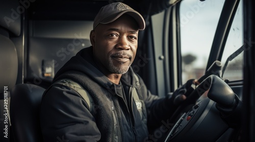 Middle Aged Black Man Truck Driver Inside the Black Truck. Fundamental Transportation and Service Concept for Industrialized Societies. Generative AI. © Nanci