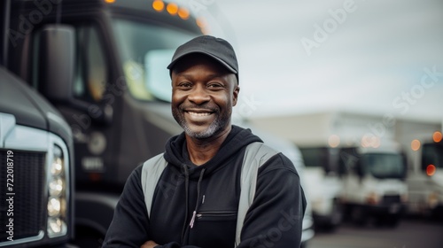 Portrait of a Middle Aged Black Man Truck Driver. Fundamental Transportation and Service Concept for Industrialized Societies. Generative AI