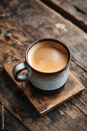 Cup of aromatic coffee cappuccino on a brown wooden background