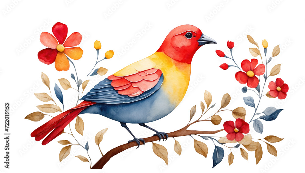 Cute watercolor colorful bird on the branch of flowers. AI generated