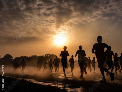 Global Running Day. silhouette of running people at sunset
