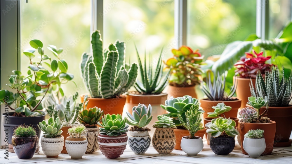 An Exquisite Assortment Featuring a Diverse Selection of Succulents and Indoor Plants, Artfully Arranged on a Charming Wooden Table, Capturing the Essence of Natural Beauty and Home Decor. Generative 