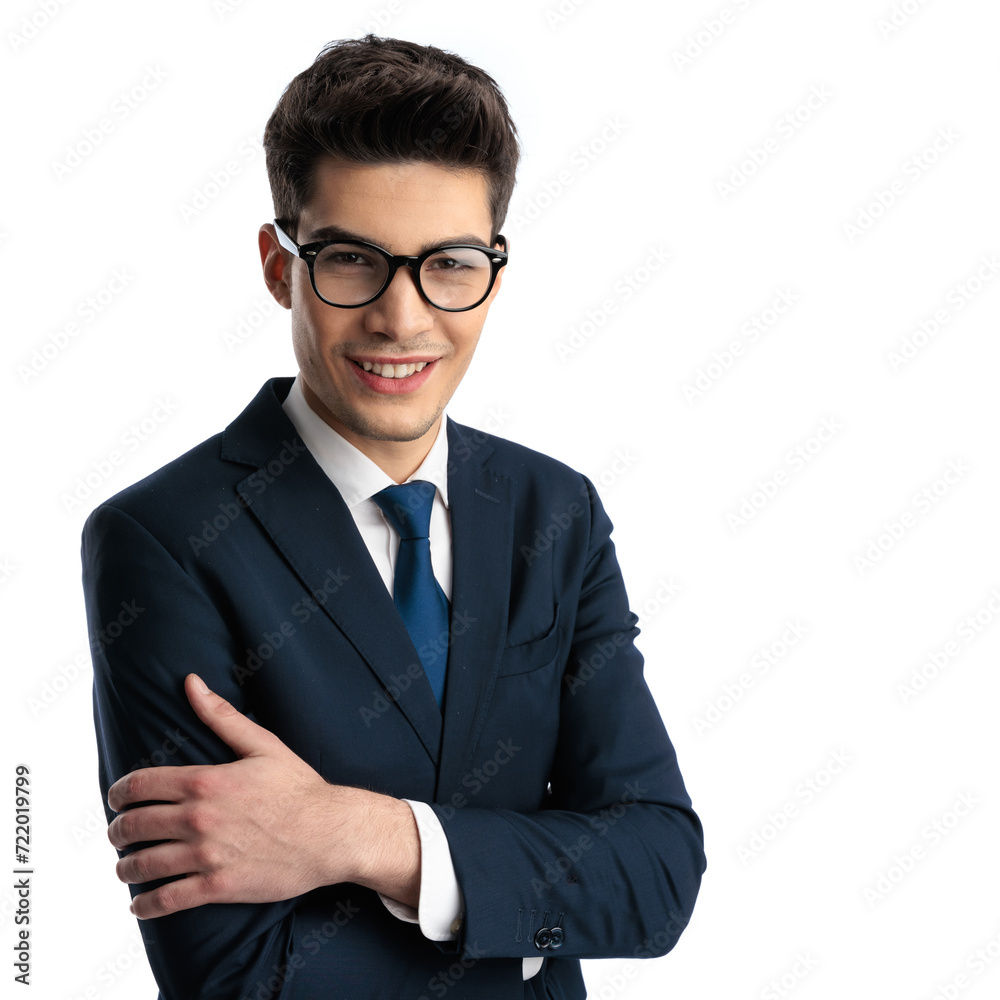 happy young businessman with glasses crossing arms and looking forward happy young businessman with glasses crossing arms and looking forward