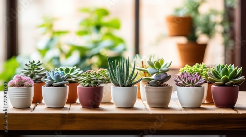 Variety of succulents and indoor plants beautifully arranged on a wooden table, showcasing different types in a harmonious display. Generative AI