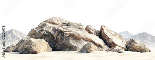 Cluster of realistic, rugged rocks on smooth, white sand, isolated on a white backdrop