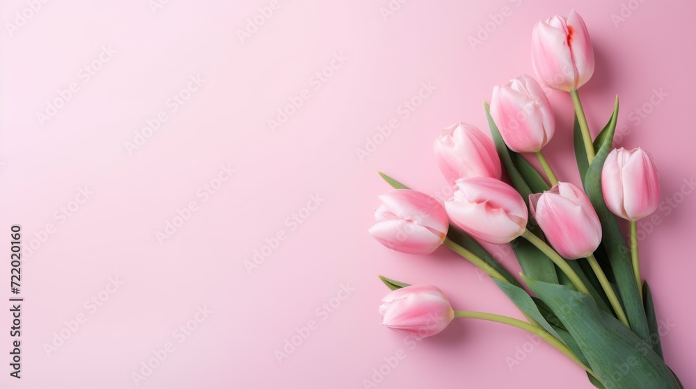 Bouquet of Pink Tulips Set Against a Pastel Pink Background. Ideal for Occasions Like Valentine's Day, Easter, Birthdays, Happy Women's Day, and Mother's Day. Top View and Generous Copy Space. AI. Bouquet of Pink Tulips Set Against a Pastel Pink Background. Ideal for Occasions Like Valentine's Day, Easter, Birthdays, Happy Women's Day, and Mother's Day. Top View and Generous Copy Space. AI.