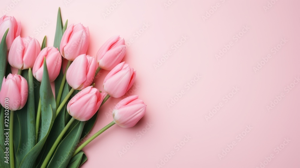 Fototapeta premium Bouquet Of Pink Tulips Against a Soft Pastel Pink Backdrop. Perfect for Valentine's Day, Easter, Birthday, Happy Women's Day, and Mother's Day. Stunning Flat Lay with Top View and Ample Copy Space. AI