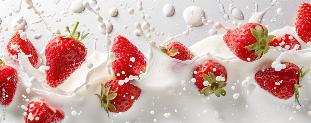 Milk and strawberries flying on white background