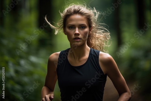 A woman in motion, running energetically through a lush forest with tall trees in the background.